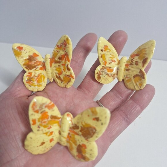 3 Vintage Yellow Butterfly Macrame Beads W Orange & Brown 1970s Butterflies Lot - Picture 5 of 7